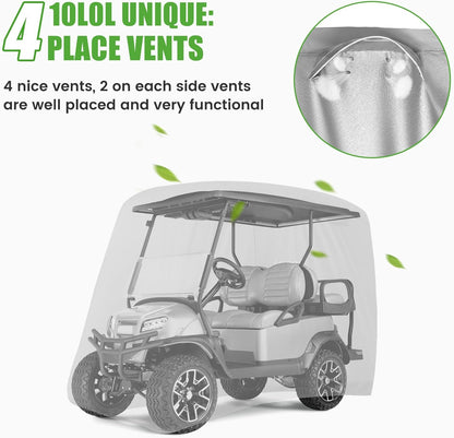 500D Waterproof Golf Cart Cover Universal Fits for Club Car, E-Z GO, Yamaha and Most Brand 4 Passenger All-Weather Polyester Full Cover with Three Zipper Doors