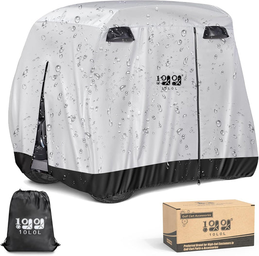 500D Waterproof Golf Cart Cover Universal Fits for Club Car, E-Z GO, Yamaha and Most Brand 4 Passenger All-Weather Polyester Full Cover with Three Zipper Doors