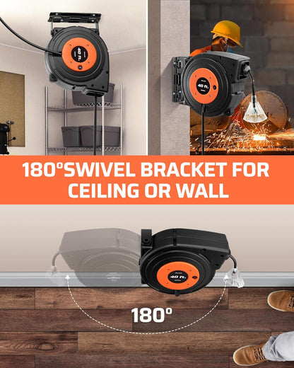 Retractable Extension Cord Reel, 40 FT Heavy Duty Power Cord, 12AWG/3C SJTOW, 3 Grounded Outlets Lighted Triple Tap, 15 Amp Circuit Breaker, UL Listed