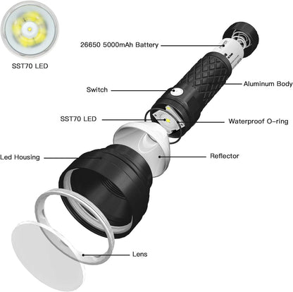 Catapult V6 SST70 LED Rechargeable Flashlight, 756 Yard Throw, 2836 High Lumens Bright Searchlight, Long Beam Distance Flashlight for Hiking, Camping, and Hunting, Black, Cool White - CW