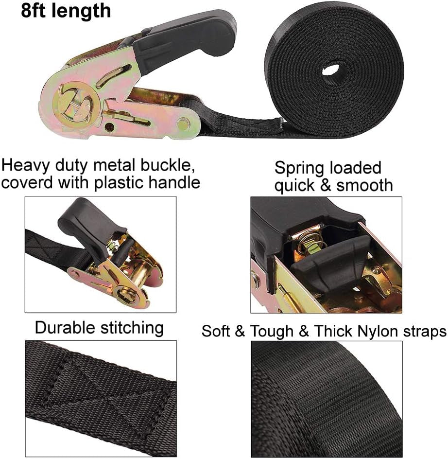 Endless Ratchet Tie down Straps Heavy Duty Cargo Tie Downs, Durable Nylon Black Strap down Ratcheting Securing Straps, Track Spring Fittings, Tie-Down Motorcycles, Trailer Loads, Kayak (8Ft - 4Pack)