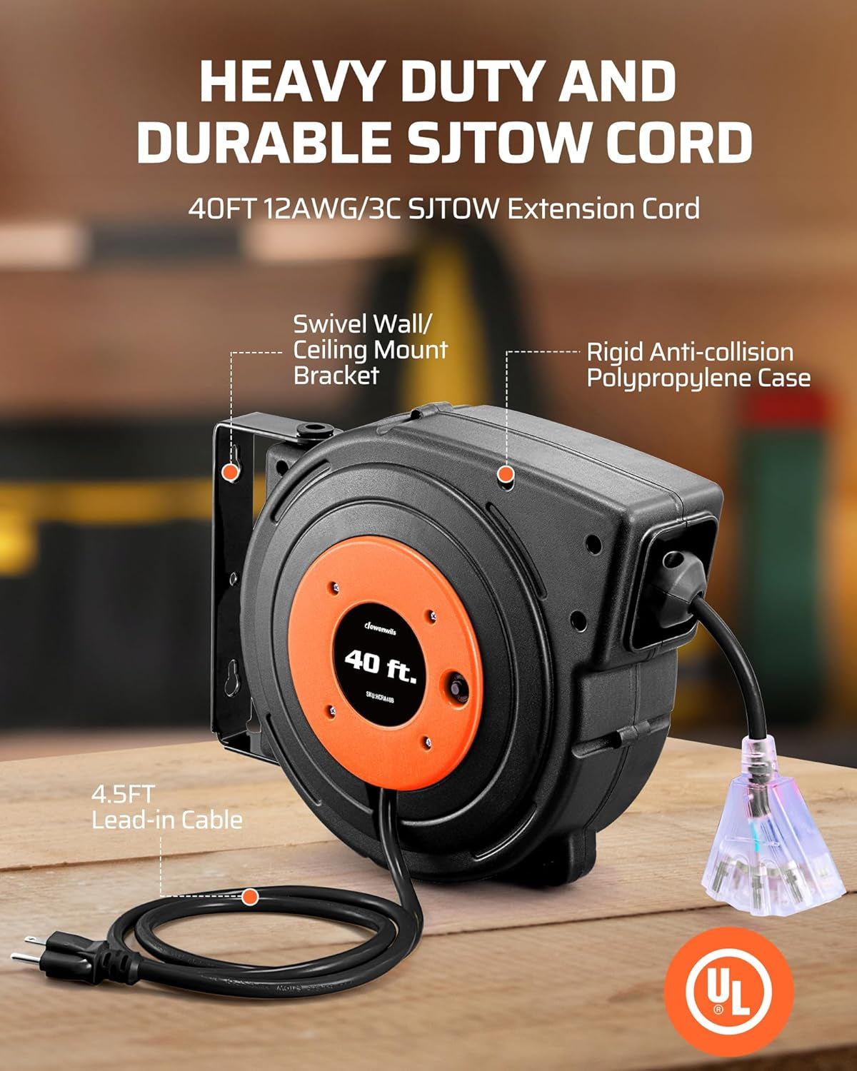 Retractable Extension Cord Reel, 40 FT Heavy Duty Power Cord, 12AWG/3C SJTOW, 3 Grounded Outlets Lighted Triple Tap, 15 Amp Circuit Breaker, UL Listed