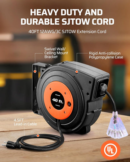 Retractable Extension Cord Reel, 40 FT Heavy Duty Power Cord, 12AWG/3C SJTOW, 3 Grounded Outlets Lighted Triple Tap, 15 Amp Circuit Breaker, UL Listed