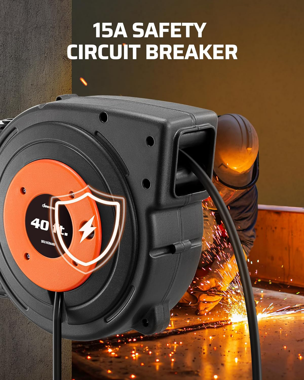 Retractable Extension Cord Reel, 40 FT Heavy Duty Power Cord, 12AWG/3C SJTOW, 3 Grounded Outlets Lighted Triple Tap, 15 Amp Circuit Breaker, UL Listed